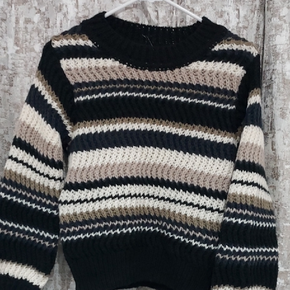 Chic Striped Black and Cream Women's Crewneck Sweater